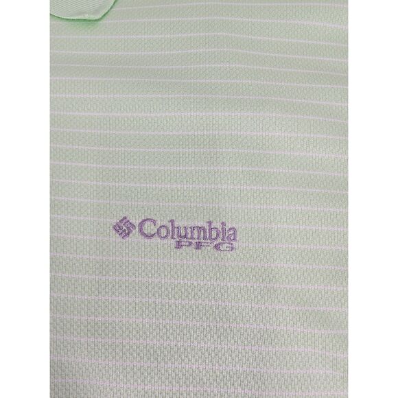 Men's Columbia PFG Performance Polo Shirt Size Large Green & White Stripe Active - Picture 5 of 6